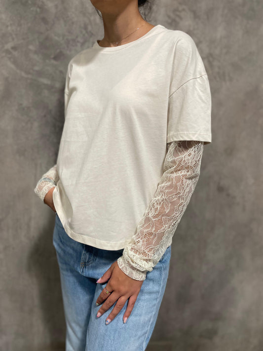 T-shirt Maniche Pizzo Panna