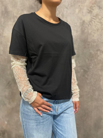 T-shirt Maniche Pizzo Nero