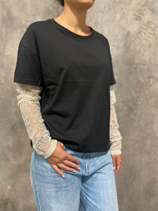 T-shirt Maniche Pizzo Nero