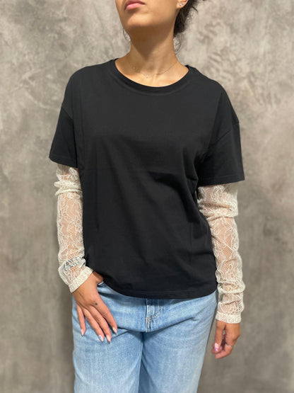 T-shirt Maniche Pizzo Nero