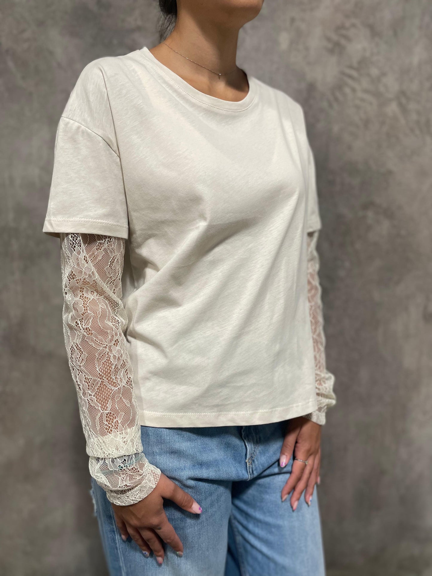 T-shirt Maniche Pizzo Panna
